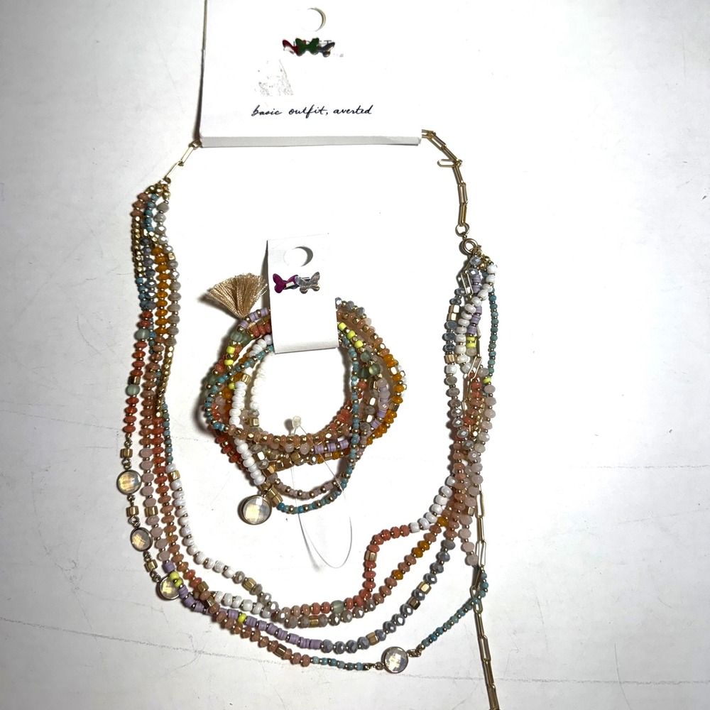 The LOFT Averted Multi Strand Beaded Necklace and Bracelet Set Gold Boho